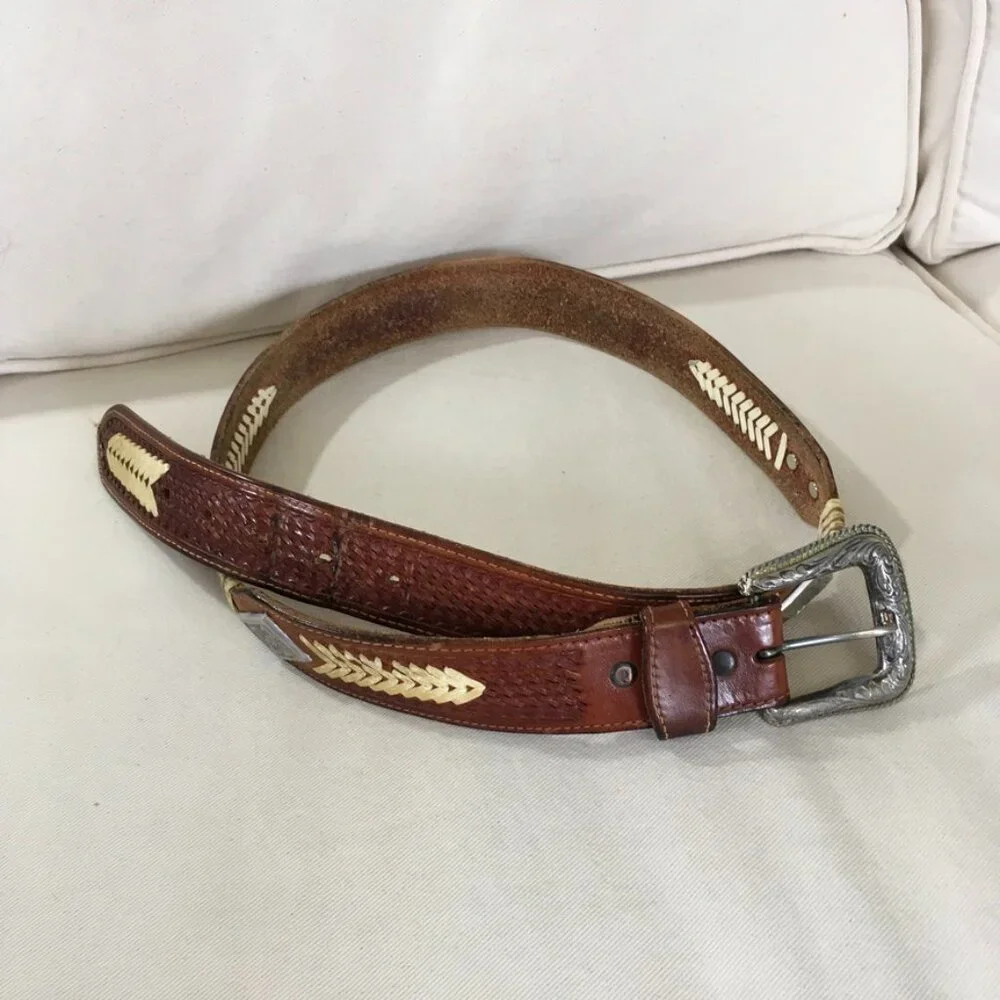 Brown Leather Western Style Belt w/Silver Details Unisex